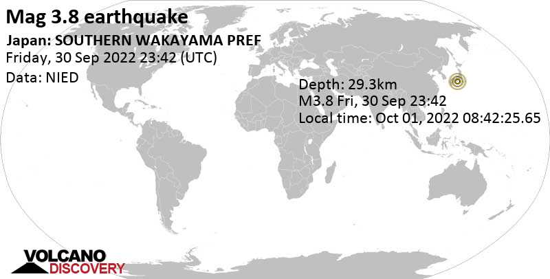 Séisme faible mag. 3.8 - 39 km au sud-est de Tanabe, Préfecture de Wakayama, Japon, samedi,  1 oct. 2022 08:42 (GMT +9)