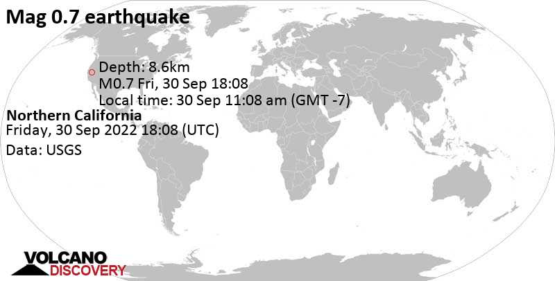 Minor mag. 0.7 earthquake - Northern California on Friday, Sep 30, 2022 at 11:08 am (GMT -7)