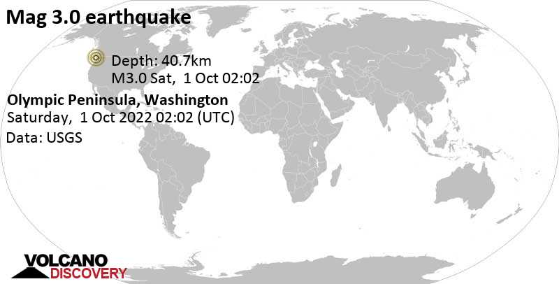 Schwaches Erdbeben Stärke 3.0 - 21 km nordwestlich von Forks, Clallam County, Washington, USA, am Freitag, 30. Sep 2022 um 19:02 Lokalzeit
