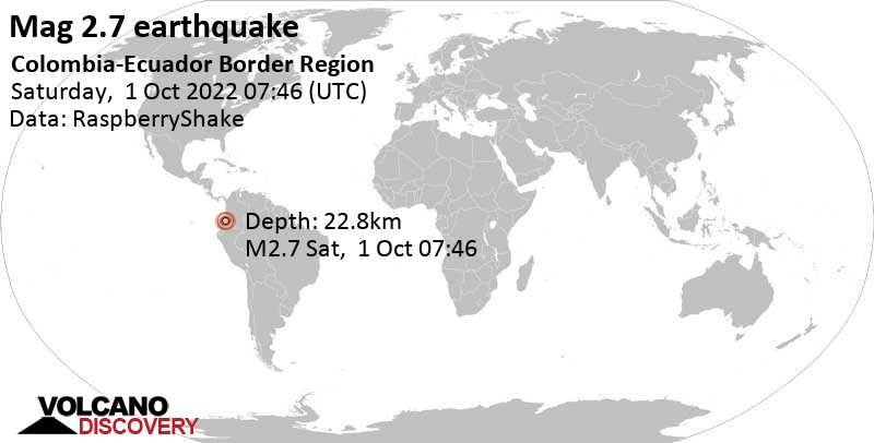 Schwaches Erdbeben Stärke 2.7 - Provincia de Sucumbios, 76 km östlich von Ibarra, Ecuador, am Samstag,  1. Okt 2022 um 02:46 Lokalzeit