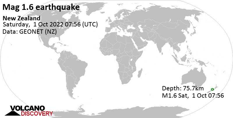 Sehr schwaches Beben Stärke 1.6 - Tasman, 96 km südwestlich von Stoke, Nelson City, Neuseeland, am Samstag,  1. Okt 2022 um 20:56 Lokalzeit