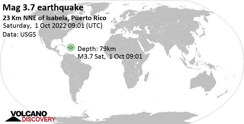Weak mag. 3.7 earthquake - North Atlantic Ocean, 34 km northwest of Arecibo, Puerto Rico, on Saturday, Oct 1, 2022 at 5:01 am (GMT -4)