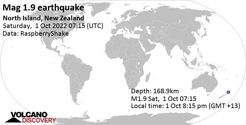 Sehr schwaches Beben Stärke 1.9 - Waikato, 31 km südwestlich von Rotorua, Bay of Plenty, Neuseeland, am Samstag,  1. Okt 2022 um 20:15 Lokalzeit