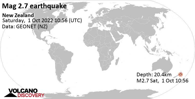 Schwaches Erdbeben Stärke 2.7 - South Pacific Ocean, 93 km südöstlich von Palmerston North, Neuseeland, am Samstag,  1. Okt 2022 um 23:56 Lokalzeit
