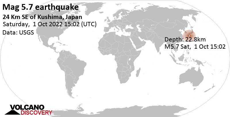 Strong mag. 5.7 earthquake - Philippine Sea, 29 km south of Nichinan, Miyazaki, Japan, on Sunday, Oct 2, 2022 at 12:02 am (GMT +9)