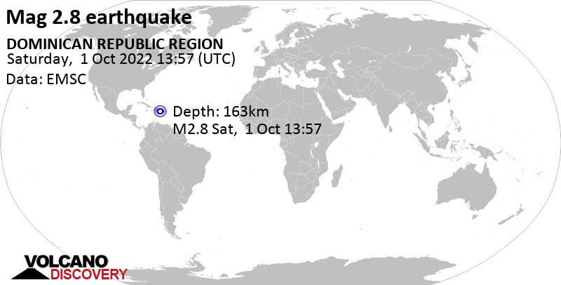 Minor mag. 2.8 earthquake - Caribbean Sea, 75 km southeast of La Romana, Dominican Republic, on Saturday, Oct 1, 2022 at 9:57 am (GMT -4)