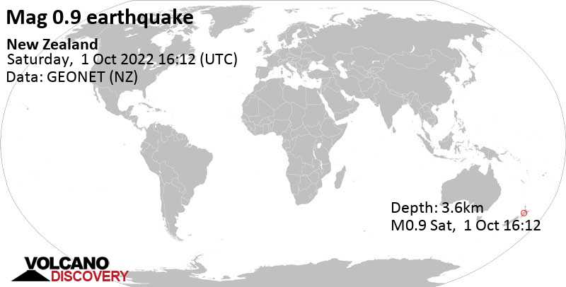 Sehr schwaches Beben Stärke 0.9 - New Zealand, am Sonntag,  2. Okt 2022 um 05:12 Lokalzeit