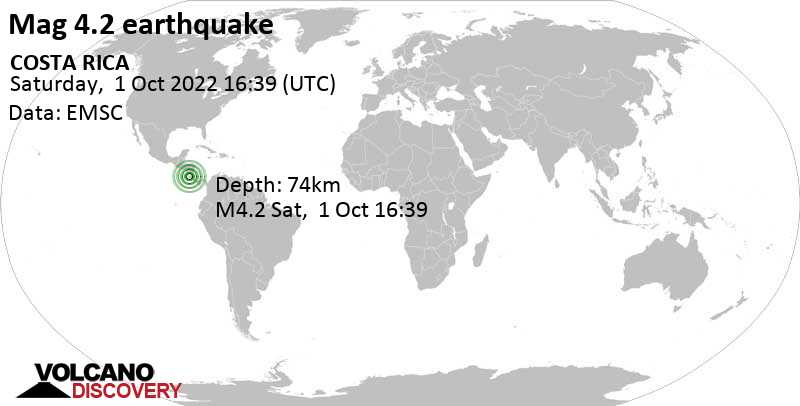 Leichtes Erdbeben der Stärke 4.2 - 16 km östlich von Liberia, Provincia de Guanacaste, Costa Rica, am Samstag,  1. Okt 2022 um 10:39 Lokalzeit