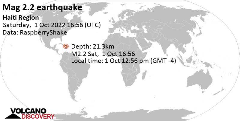 Minor mag. 2.2 earthquake - 29 km northwest of Leogane, Leyogàn, Département de l\'Ouest, Haiti, on Saturday, Oct 1, 2022 at 12:56 pm (GMT -4)