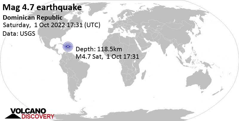 Light mag. 4.7 earthquake - 23 km northeast of San Pedro de Macoris, Dominican Republic, on Saturday, Oct 1, 2022 at 1:31 pm (GMT -4)