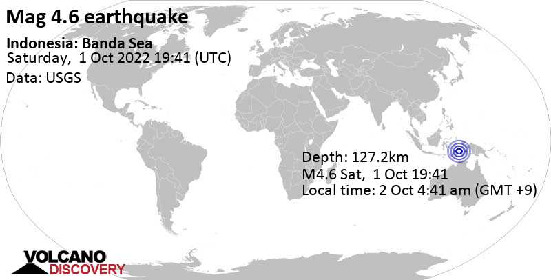 Leichtes Erdbeben der Stärke 4.6 - Banda Sea, Indonesien, am Sonntag,  2. Okt 2022 um 04:41 Lokalzeit