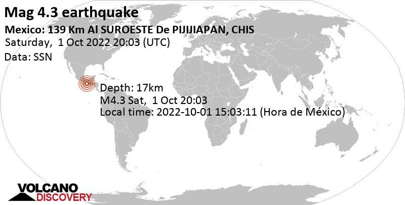 Terremoto moderato mag. 4.3 - North Pacific Ocean, 140 km a sud ovest da Pijijiapan, Chiapas, Messico, sabato,  1 ott 2022 14:03 (GMT -6)