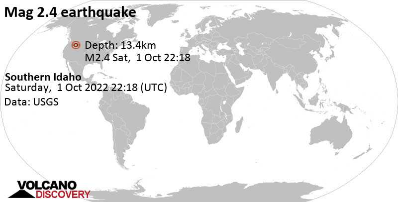 Weak mag. 2.4 earthquake - Southern Idaho on Saturday, Oct 1, 2022 at 4:18 pm (GMT -6)