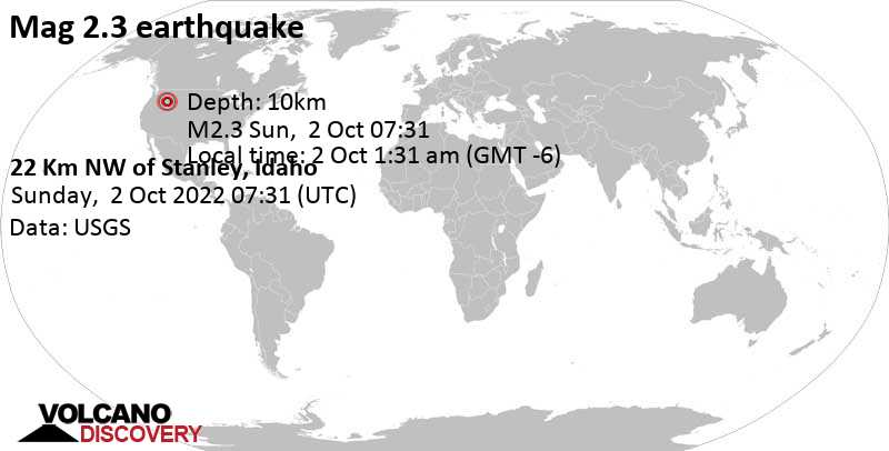 Weak mag. 2.3 earthquake - 22 Km NW of Stanley, Idaho, on Sunday, Oct 2, 2022 at 1:31 am (GMT -6)