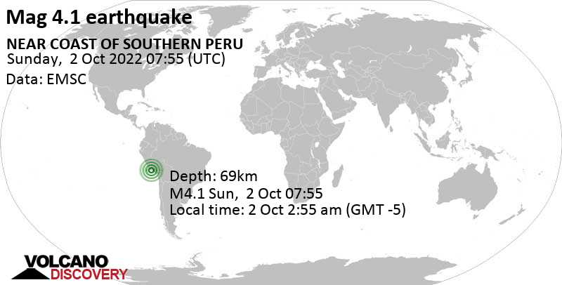 Light mag. 4.1 earthquake - 54 km southeast of Acari, Provincia de Caraveli, Arequipa, Peru, on Sunday, Oct 2, 2022 at 2:55 am (GMT -5)