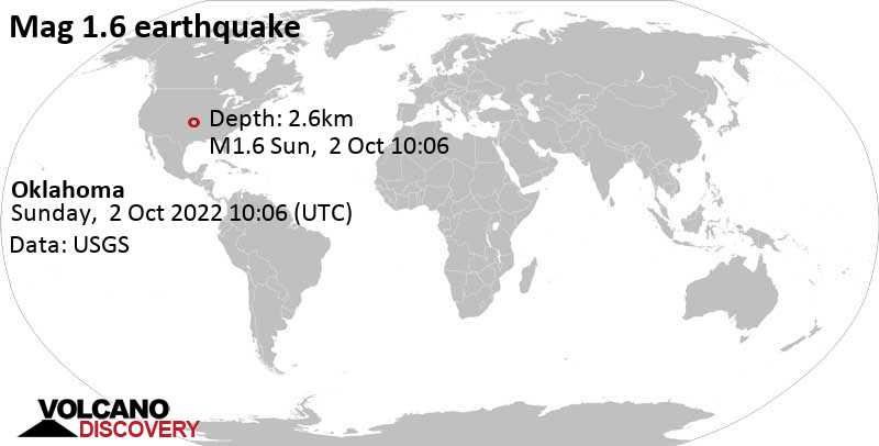 Minor mag. 1.6 earthquake - Oklahoma on Sunday, Oct 2, 2022 at 5:06 am (GMT -5)