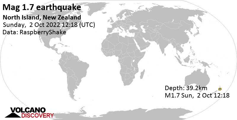 Sehr schwaches Beben Stärke 1.7 - North Island, 39 km südlich von Taupo, Waikato, Neuseeland, am Montag,  3. Okt 2022 um 01:18 Lokalzeit