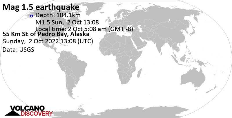 Minor mag. 1.5 earthquake - 55 Km SE of Pedro Bay, Alaska, on Sunday, Oct 2, 2022 at 5:08 am (GMT -8)