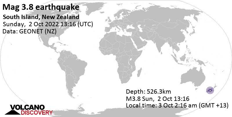 Sehr schwaches Beben Stärke 3.8 - South Pacific Ocean, 29 km südöstlich von Ashburton, Canterbury, Neuseeland, am Montag,  3. Okt 2022 um 02:16 Lokalzeit