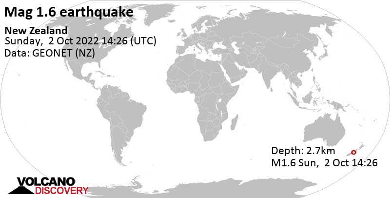 Sehr schwaches Beben Stärke 1.6 - 41 km westlich von Christchurch, Canterbury, Neuseeland, am Montag,  3. Okt 2022 um 03:26 Lokalzeit