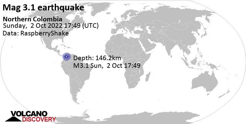 Minor mag. 3.1 earthquake - 37 km south of Bucaramanga, Santander, Colombia, on Sunday, Oct 2, 2022 at 12:49 pm (GMT -5)