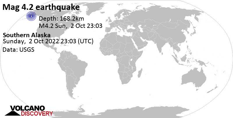 Ελαφρύς σεισμός μεγέθους 4.2 - Αλάσκα, Ηνωμένες Πολιτείες, Κυριακή,  2 Οκτ 2022 15:03 (GMT -8)