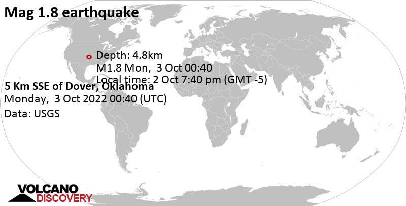 Незначительное землетрясение маг. 1.8 - 5 Km SSE of Dover, Oklahoma, Воскресенье,  2 окт 2022 19:40 (GMT -5)