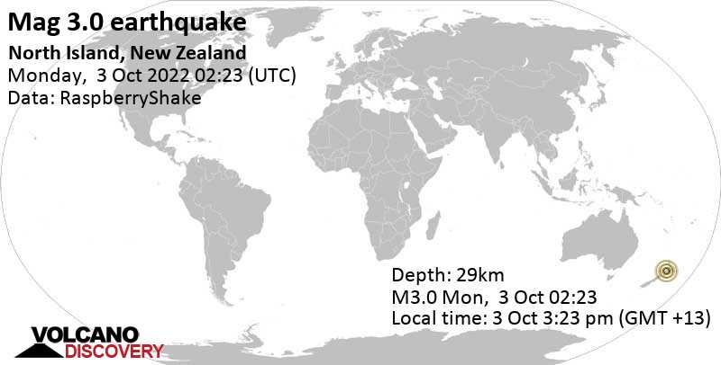 Schwaches Erdbeben Stärke 3.0 - 69 km östlich von New Plymouth, Taranaki, Neuseeland, am Montag,  3. Okt 2022 um 15:23 Lokalzeit