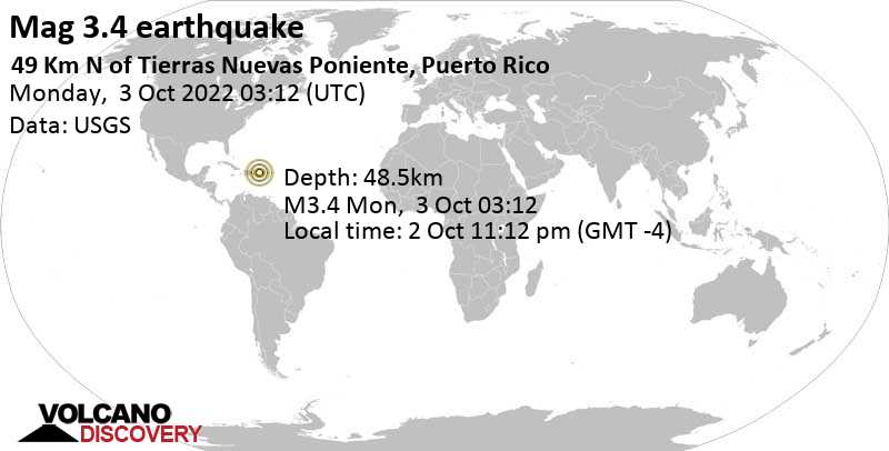 Weak mag. 3.4 earthquake - North Atlantic Ocean, 66 km northwest of San Juan, Puerto Rico, on Sunday, Oct 2, 2022 at 11:12 pm (GMT -4)