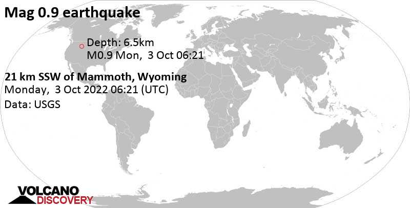 Sehr schwaches Beben Stärke 0.9 - 21 Km SSW of Mammoth, Wyoming, am Montag,  3. Okt 2022 um 00:21 Lokalzeit