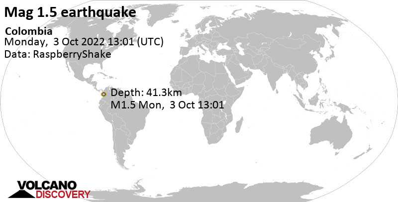Minor mag. 1.5 earthquake - 49 km southeast of Quibdo, Departamento del Choco, Colombia, on Monday, Oct 3, 2022 at 8:01 am (GMT -5)