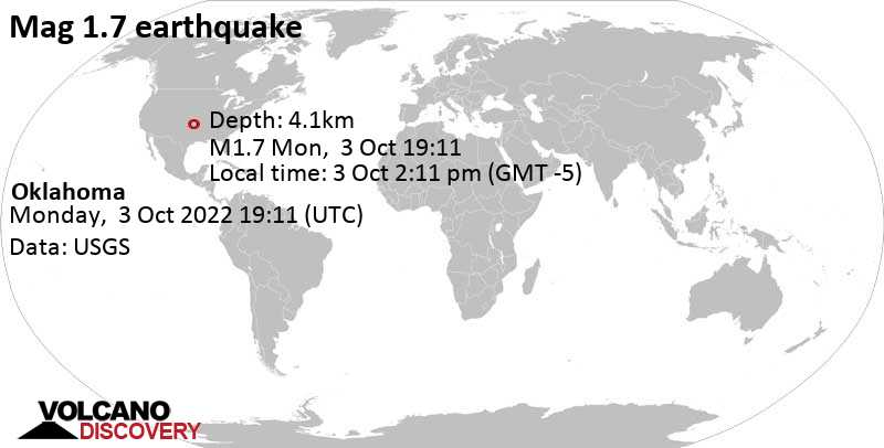 Minor mag. 1.7 earthquake - Oklahoma on Monday, Oct 3, 2022 at 2:11 pm (GMT -5)