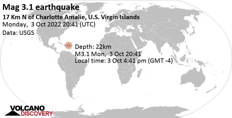 Weak mag. 3.1 earthquake - Caribbean Sea, 17 km north of Charlotte Amalie, U.S. Virgin Islands, on Monday, Oct 3, 2022 at 4:41 pm (GMT -4)