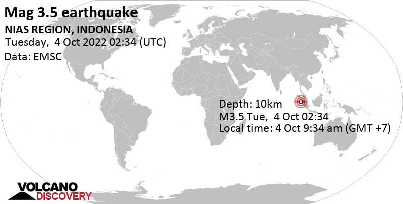 Leichtes Erdbeben der Stärke 3.5 - Indischer Ozean, 140 km südwestlich von Padangsidempuan, Indonesien, am Dienstag,  4. Okt 2022 um 09:34 Lokalzeit
