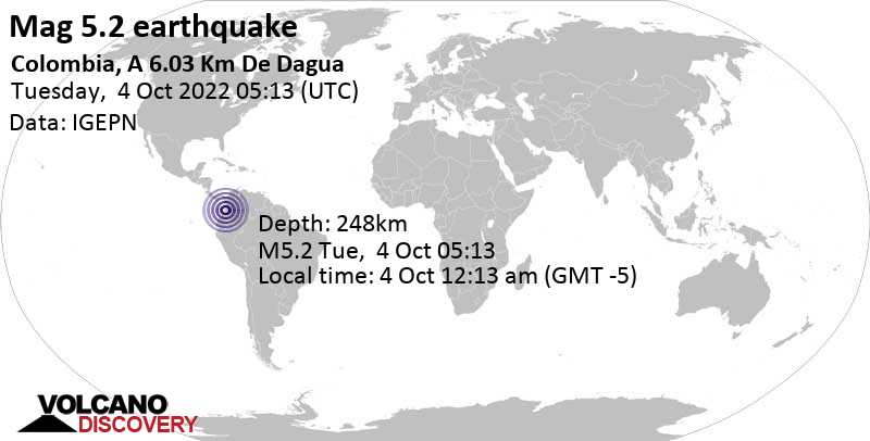 Terremoto moderato mag. 5.2 - 31 km a nord ovest da Cali, Departamento del Valle del Cauca, Colombia, martedì,  4 ott 2022 00:13 (GMT -5)