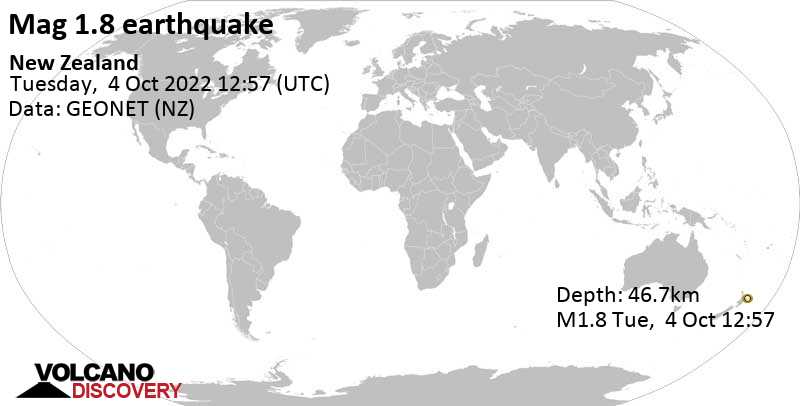 Sehr schwaches Beben Stärke 1.8 - 67 km nördlich von Gisborne, Neuseeland, am Mittwoch,  5. Okt 2022 um 01:57 Lokalzeit