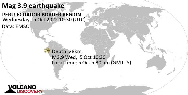 Séisme faible mag. 3.9 - 7.3 km au sud-ouest de Sullana, Région de Piura, Pérou, mercredi,  5 oct. 2022 05:30 (GMT -5)