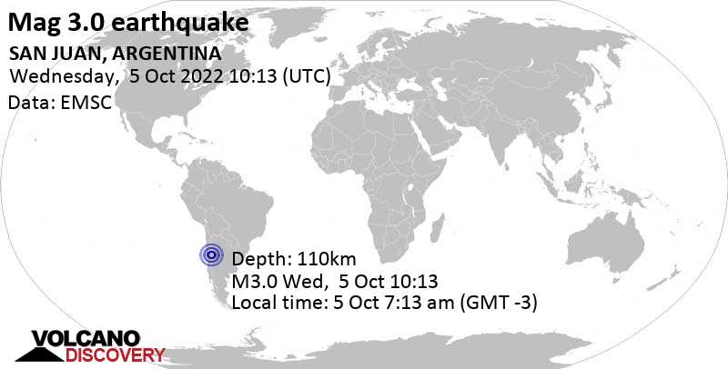 Μικρός σεισμός μεγέθους 3.0 - 43 km νότια από San José de Jachal, Departamento de Jachal, San Juan, Αργεντινή, Τετάρτη,  5 Οκτ 2022 07:13 (GMT -3)