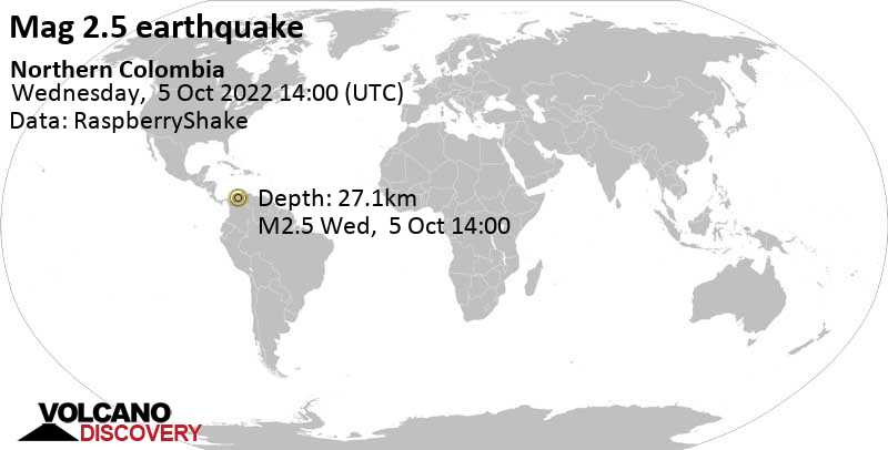 Незначительное землетрясение маг. 2.5 - Departamento del Magdalena, 48 km к северо-востоку от Mompos, Колумбия, Среда,  5 окт 2022 09:00 (GMT -5)