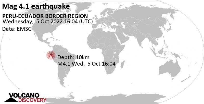 Séisme modéré mag. 4.1 - 8.5 km à l\'ouest de Sullana, Région de Piura, Pérou, mercredi,  5 oct. 2022 11:04 (GMT -5)