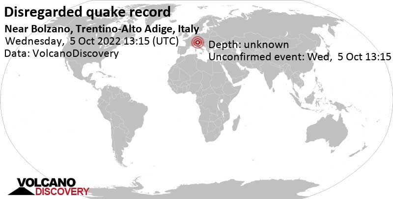Reported seismic-like event (likely no quake): 13 km northwest of Bolzano, Bozen, Trentino-Alto Adige, Italy, Wednesday, Oct 5, 2022 at 3:15 pm (GMT +2)