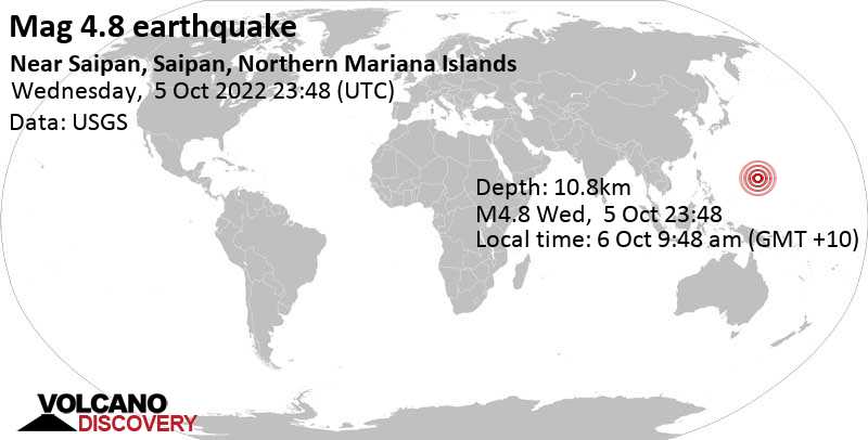 4.8 quake Philippine Sea, 12 km west of Saipan, Northern Mariana Islands, Oct 6, 2022 9:48 am (GMT +10)