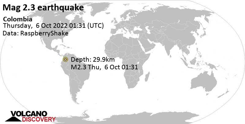 Sehr schwaches Beben Stärke 2.3 - 83 km südwestlich von Acacias, Departamento del Meta, Kolumbien, am Mittwoch,  5. Okt 2022 um 20:31 Lokalzeit