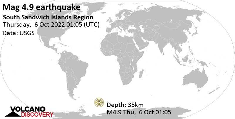 4.9 quake South Atlantic Ocean, South Georgia & South Sandwich Islands, Oct 5, 2022 11:05 pm (GMT -2)