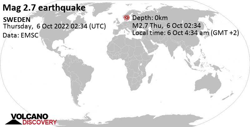 Слабое землетрясение маг. 2.7 - 6.1 km к северо-западу от Омоль, Швеция, Четверг,  6 окт 2022 04:34 (GMT +2)