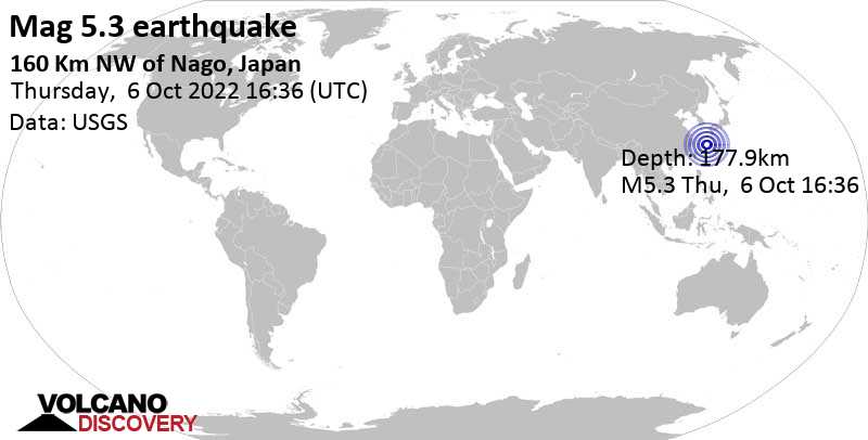 5.3 quake East China Sea, 174 km northwest of Naha, Okinawa, Japan, Oct 7, 2022 1:36 am (GMT +9)
