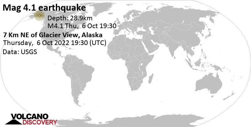 Ελαφρύς σεισμός μεγέθους 4.1 - 65 km ανατολικά από Sutton-Alpine, Matanuska-Susitna, Αλάσκα, Ηνωμένες Πολιτείες, Πέμπτη,  6 Οκτ 2022 11:30 (GMT -8)
