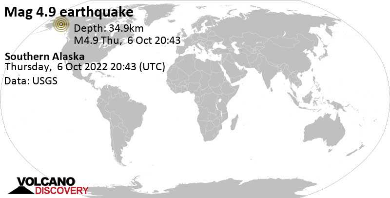 Moderate mag. 4.9 earthquake - 54 mi east of Palmer, Matanuska-Susitna, Alaska, USA, on Thursday, Oct 6, 2022 at 12:43 pm (GMT -8)