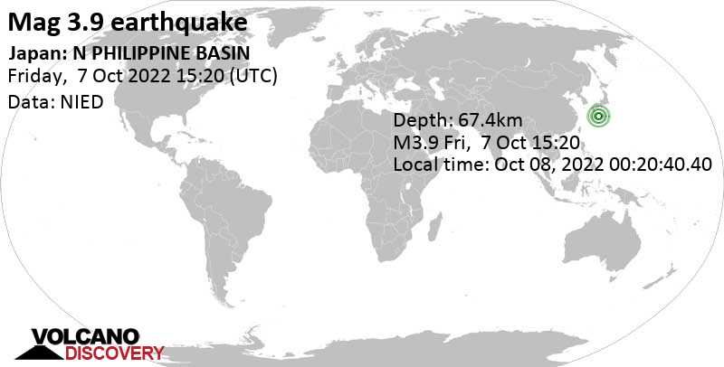 Weak mag. 3.9 earthquake - Philippine Sea, 223 km southeast of Kanoya, Kagoshima, Japan, on Saturday, Oct 8, 2022 at 12:20 am (GMT +9)