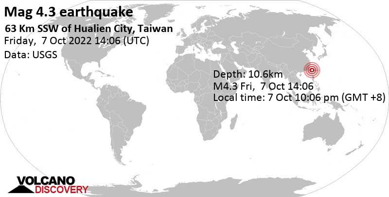 Moderate mag. 4.3 earthquake - 64 km south of Hualien City, Taiwan, on Friday, Oct 7, 2022 at 10:06 pm (GMT +8)